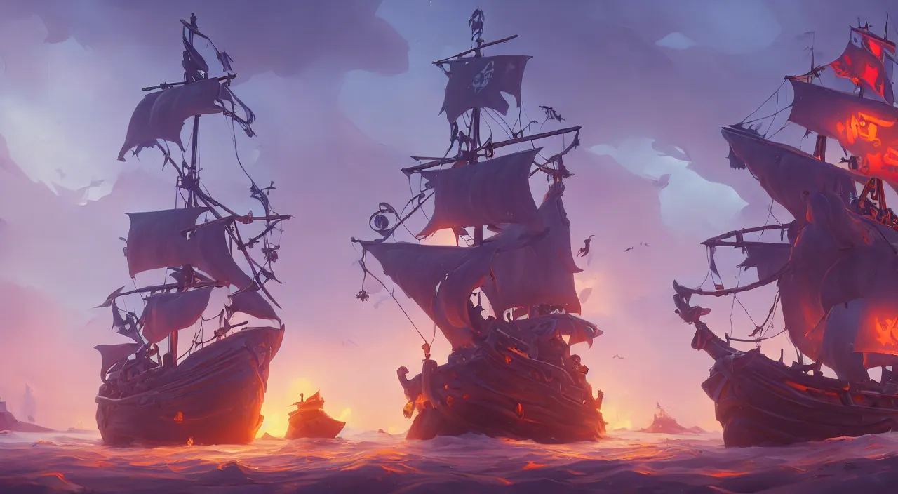 Image similar to a wide shot of a stylized 3D CGI fortnite pirate ghost ship with the black Jolly Roger flag, fantasy art overwatch and heartstone, by RHADS, symmetrical, cgsociety, artstation hq, octane render, 8k,