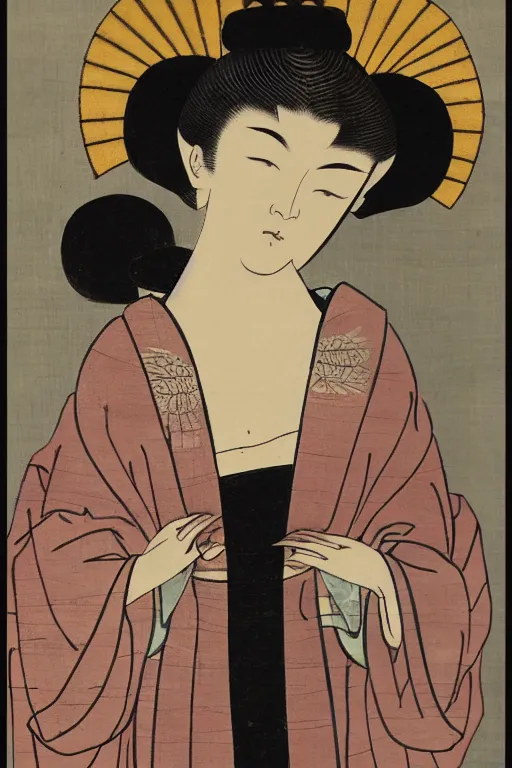 Image similar to Angel with a crown of light, in the style of Utamaro