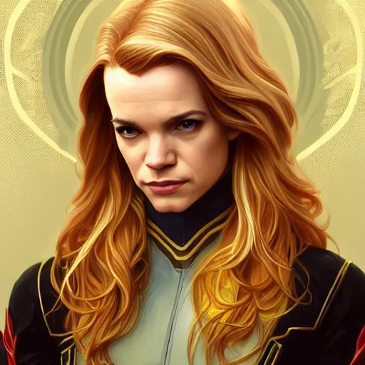 Image similar to Danielle Panabaker with blonde hair as Kid Flash, western, D&D, fantasy, intricate, elegant, highly detailed, digital painting, artstation, concept art, matte, sharp focus, illustration, art by Artgerm and Greg Rutkowski and Alphonse Mucha