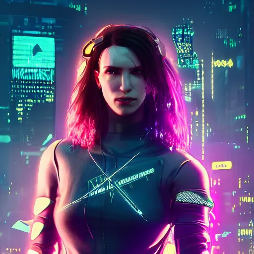 Image similar to rachel wise portrait, Cyberpunk 2077, cyberpsycho, photorealistic, ultra detailed, neon, octane, bokeh, cyber, cyberpunk city, feature, scars, cyberface, 8k