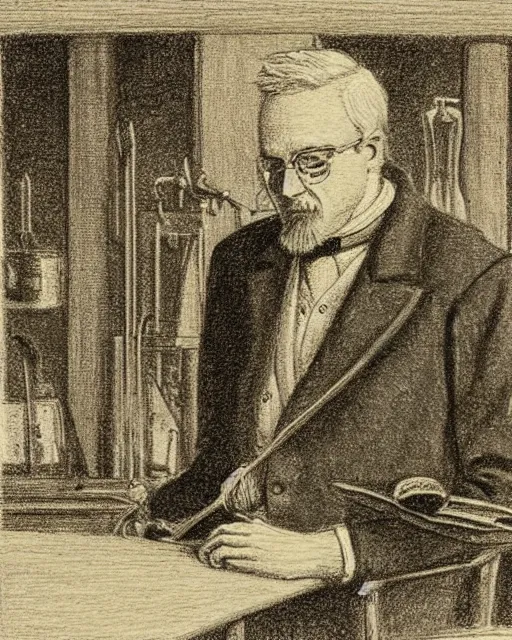 Image similar to Victorian drawing of professor of factory worker Jesse Pinkman, art by Sir Leslie Matthew Ward