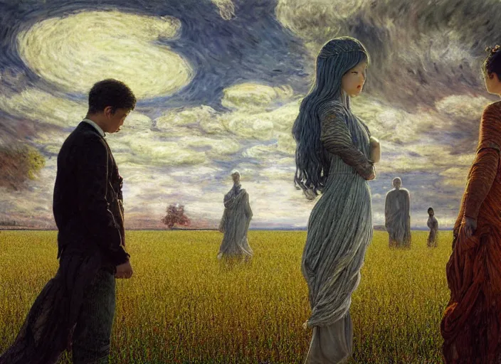 Image similar to people exterior futuristic field, figures, in the style of jeremy enecio, intricate, miles johnston, monet, cynical realism, john william godward, painterly, yoshitaka amano, miles johnston, louise zhang, matt murphy, enes dirig, pekka halonen, finnish naturalism, realism