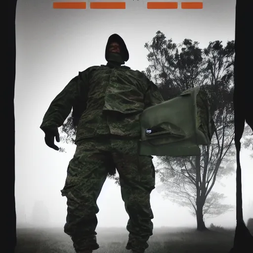 Prompt: cinematic photo of a tall creature looming over a military camp, fog, army, magazine cover