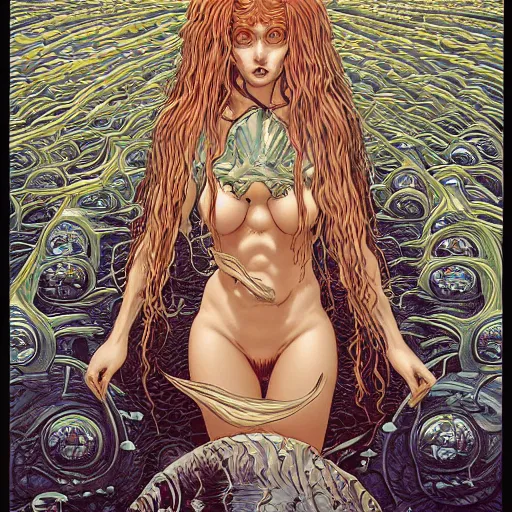 Image similar to portrait of crazy mermaid, symmetrical, by yoichi hatakenaka, masamune shirow, josan gonzales and dan mumford, ayami kojima, takato yamamoto, barclay shaw, karol bak, yukito kishiro