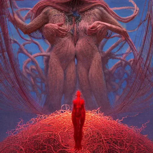 Image similar to A woman wearing clothes made out of thunder clouds and flowers, giant monsters in the background, red skin, Masterpiece, glowing, wires everywhere, by Edgar Maxence and Ross Tran, Zdzisław Beksiński, and Michael Whelan, distant, gustav dore, H.R. Giger, 8k, octane render