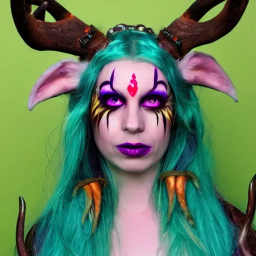 Image similar to tiefling druid with deer antlers growing out of their head blonde hair and large tribal jewelry and face paint, purple, mint, teal, orange, pink, green, red