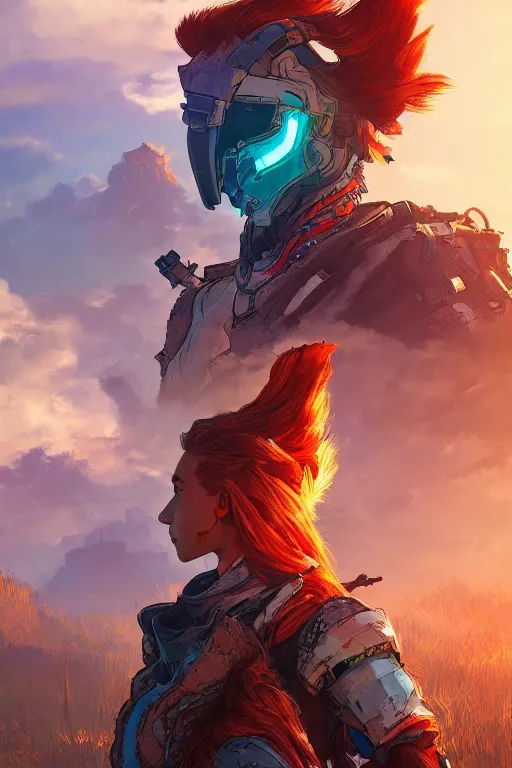 Image similar to combination suit armor aloy horizon forbidden west horizon zero dawn radiating a glowing aura global illumination ray tracing hdr fanart arstation by ian pesty and alena aenami artworks in 4 k tribal robot ninja mask helmet backpack