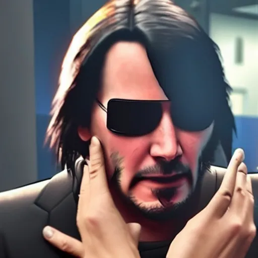 Image similar to Keanu Reeves facepalming over how bad Cyberpunk 2077 was