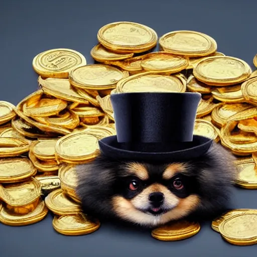 Prompt: A pomeranian wearing a top-hat and a monocle over its left eye, sitting on a pile of gold coins