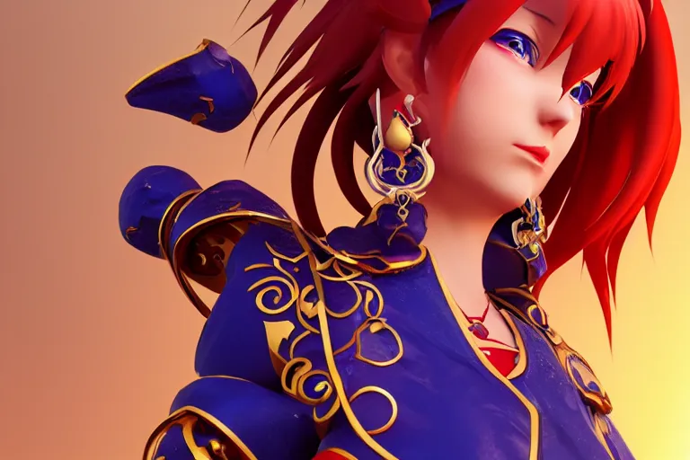 Image similar to character Lina Inverse from anime Slayers (1995 – 2009), rendered in Cinema 4D and Octane and Unreal Engine 5, hyperrealism, full body photogenic shot, digital render, cinematic lighting ornate earrings, 8k resolution, masterpiece work