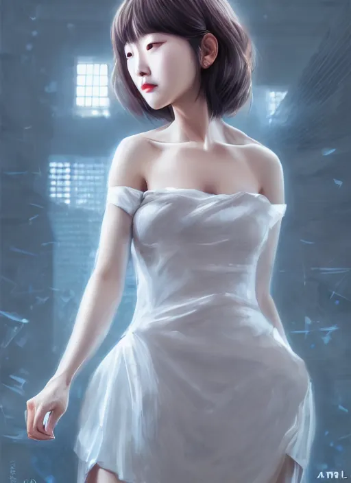 Image similar to beautiful korean fashion goddness, strapless dress, character portrait in the style of thomas river and artgerm, wlop, cinematic lighting, hyperdetailed, 8 k realistic, symmetrical, global illumination, radiant light, halo, love and mercy, frostbite 3 engine, cryengine, dof, trending on artstation, digital art, chanel