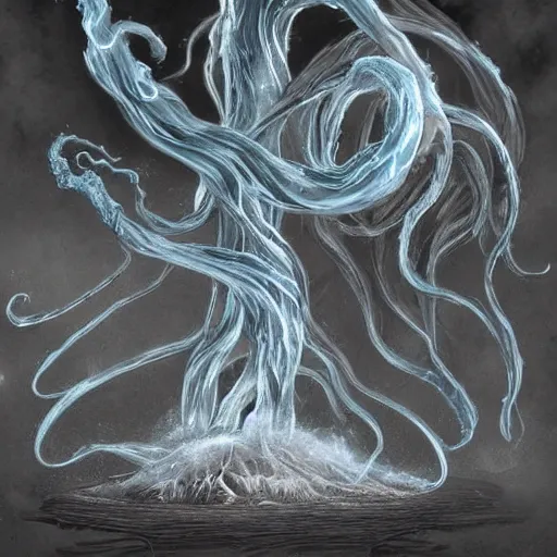 Image similar to concept designs for an ethereal ghostly wraith like figure made from wispy billowing smoke and sparks of electricity with a squid like parasite latched onto its head and long tentacle arms that flow lazily but gracefully at its sides like a cloak while it floats around a frozen rocky tundra in the snow searching for lost souls and that hides amongst the shadows in the trees, this character has hydrokinesis and electrokinesis for the resident evil village video game franchise with inspiration from the franchise Bloodborne and the mind flayer from stranger things on netflix in the style of a marvel comic