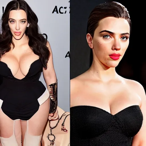 Image similar to a woman who is a genetic combination of kim kardashian and kat dennings and scarlett johansson and margot robbie and emma watson, face and upper - body focus