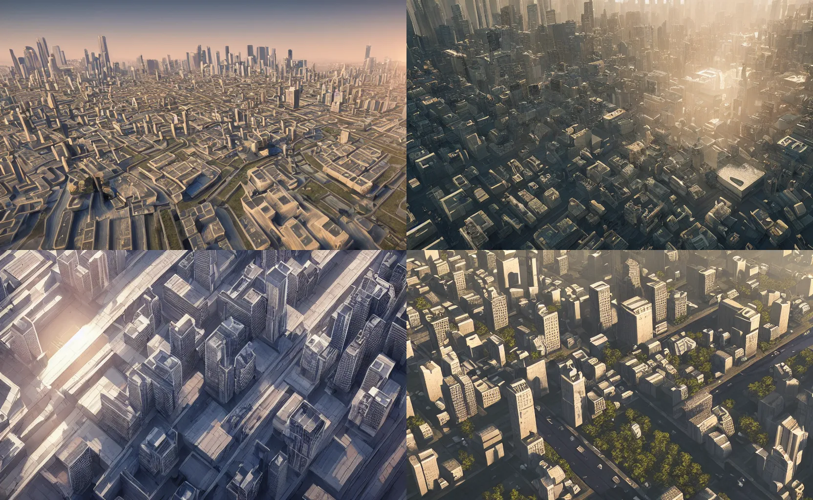 Prompt: a perfect city designed by Hideo Nakamura bird’s eye view, sunrise, long shadows, trending on Unreal Engine 5, photorealistic, stunning, award winning photo