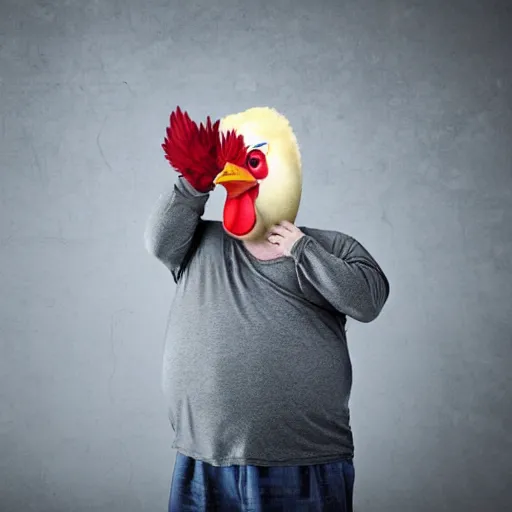 Image similar to photo, fat man with chicken head instead of his head