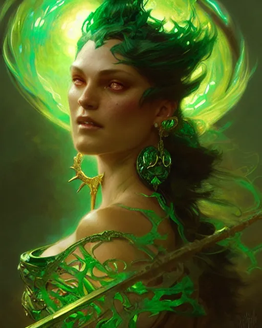 Prompt: emerald enchantress, fantasy character portrait, ultra realistic, concept art, intricate details, highly detailed by greg rutkowski, gaston bussiere, craig mullins, simon bisley, alphonso mucha