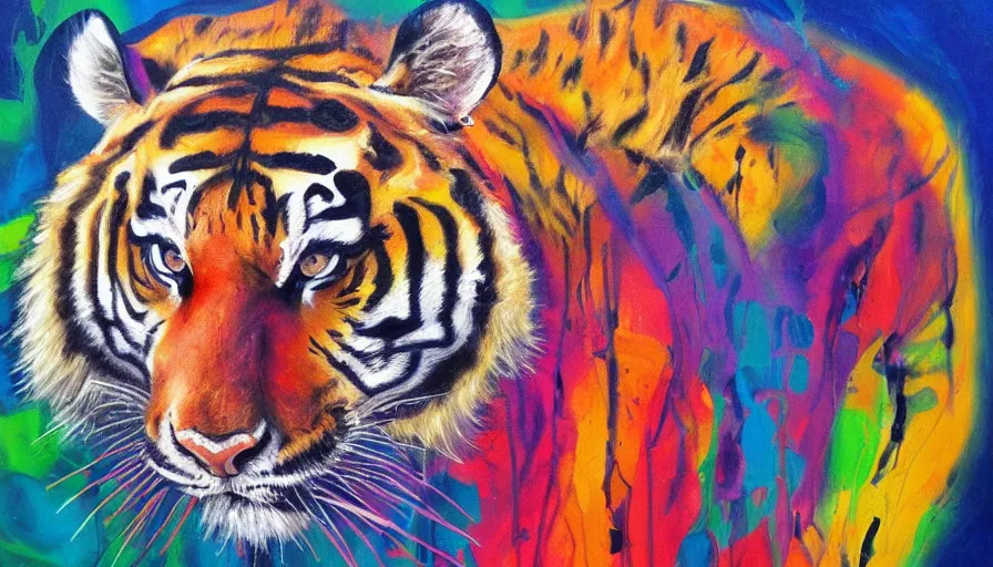 Image similar to tiger, painting on canvas, watedrops, acrylic painting, acrylic pouring, painting, influencer, artstation - h 8 0 0