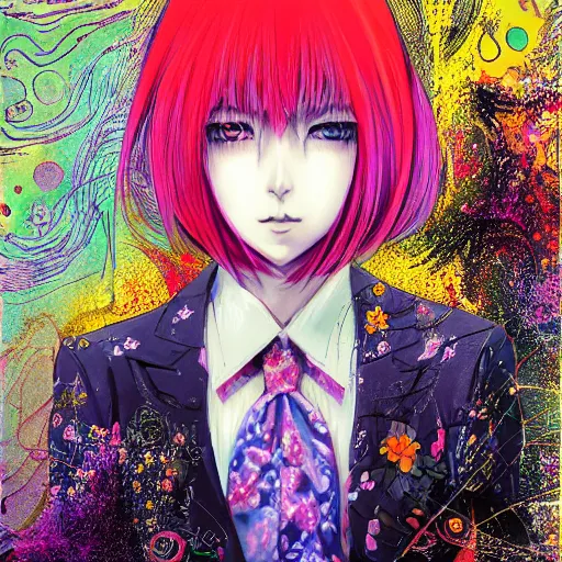 Image similar to yoshitaka amano realistic illustration of an anime girl with black eyes and long wavy white hair wearing dress suit with tie and surrounded by abstract junji ito style patterns in the background, complementary colors, blurry and dreamy illustration, noisy film grain effect, highly detailed, oil painting with expressive brush strokes, weird portrait angle