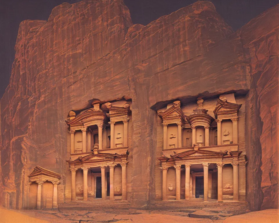 Image similar to achingly beautiful print of the Treasury at Petra bathed in moonlight by Hasui Kawase and Lyonel Feininger.