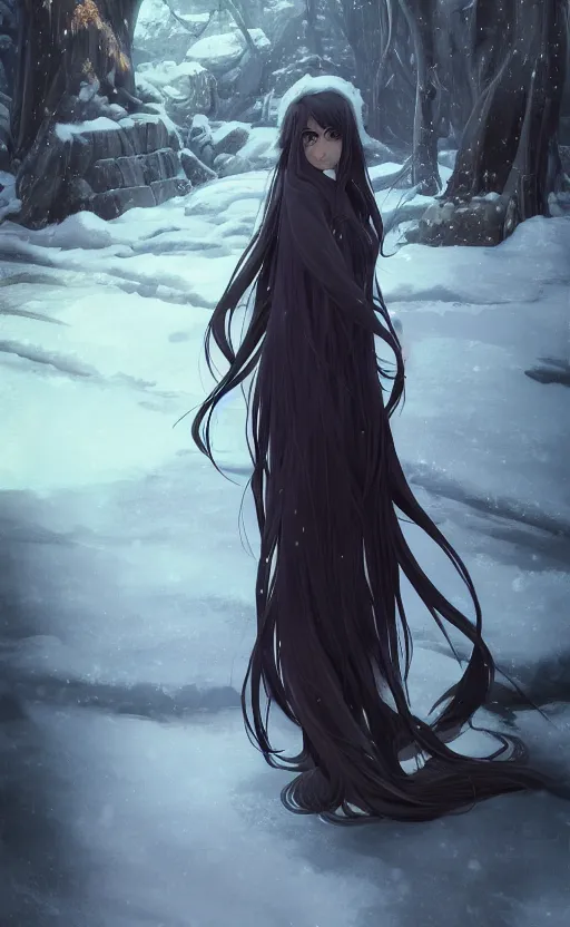 Prompt: an elven girl with long, flowing black hair standing in the snow, facing the camera. By Makoto Shinkai, Stanley Artgerm Lau, WLOP, Rossdraws, James Jean, Andrei Riabovitchev, Marc Simonetti, krenz cushart, Sakimichan, trending on ArtStation, digital art.