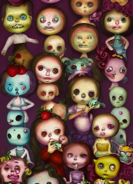 Image similar to fnafs eating cakes painted by mark ryden, detailed digital art, trending on Artstation