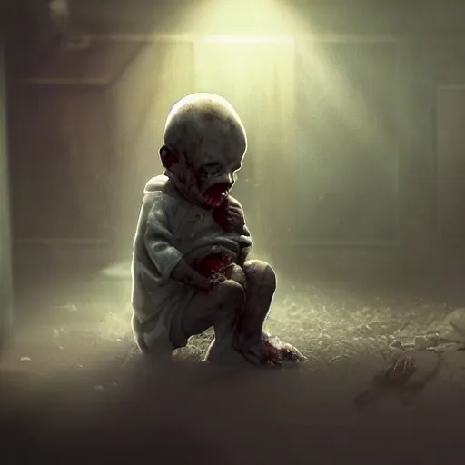 Image similar to The necromancer changes the diaper of his zombie baby, dramatic lighting, cinematic, establishing shot, extremely high detail, foto realistic, cinematic lighting, post processed, concept art, high details, cinematic, 8k resolution, beautiful detailed, photorealistic, digital painting, artstation, concept art, smooth, sharp focus, artstation trending, octane render, unreal engine
