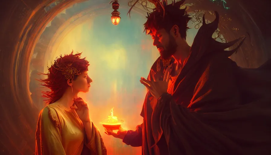 Image similar to solomonic magician summons a demon, epic scene, highly detailed, high quality, 8 k, 4 k, octane render, digital painting, alena aenami, lilia alvarado, shinji aramaki, karol bak, alphonse mucha, tom bagshaw