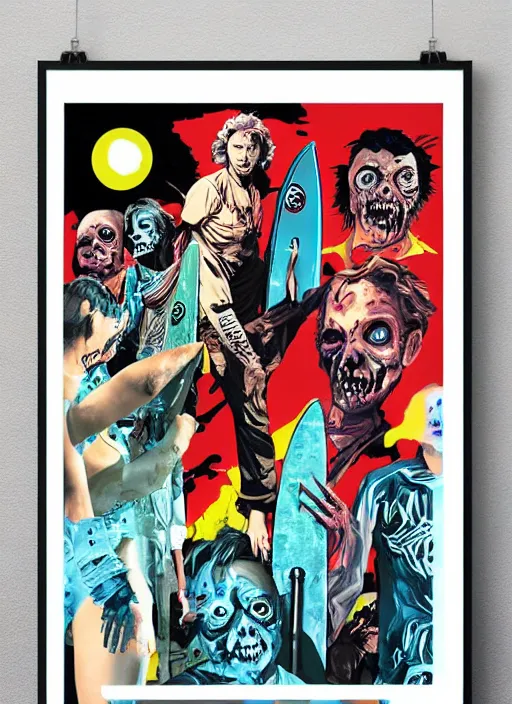 Image similar to a poster of a group of zombies on a surfboard, poster art by john carpenter, featured on deviantart, toyism, movie poster, concert poster, poster art