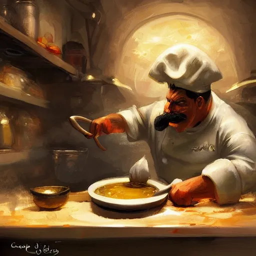 Prompt: A chef with a big mustache proundly making a soup, digital painting, artstation, concept art, Craig Mullins,