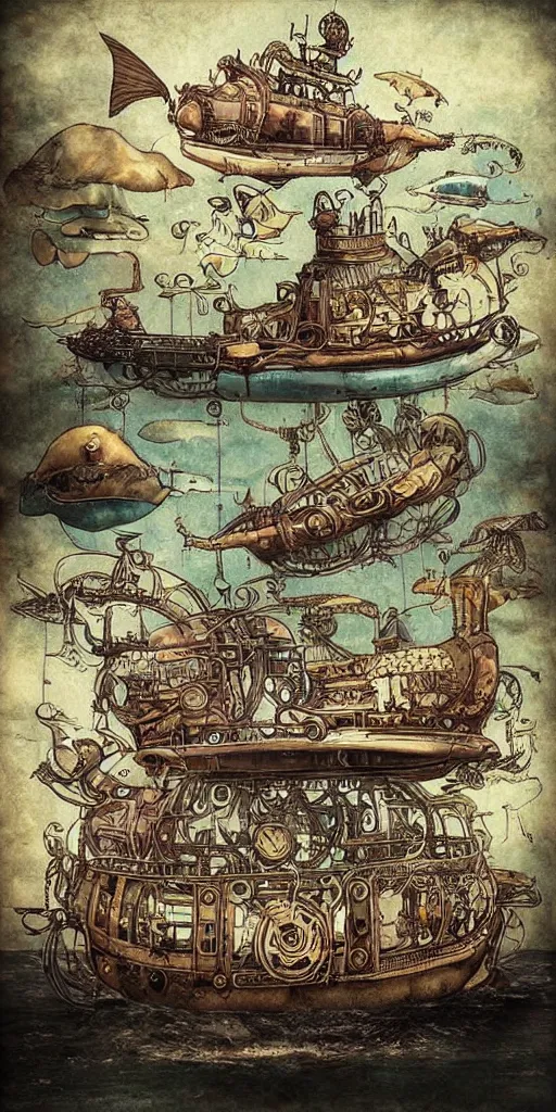 Prompt: a vintage steampunk living whale submarine by alexander jansson and where's waldo and leonardo da vinci