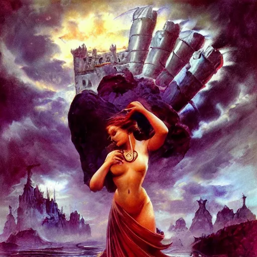 Image similar to princess of the dreamlands, cyclopean city, beautiful! coherent! by mariusz lewandowski, by frank frazetta, deep colors, strong lines, high contrast