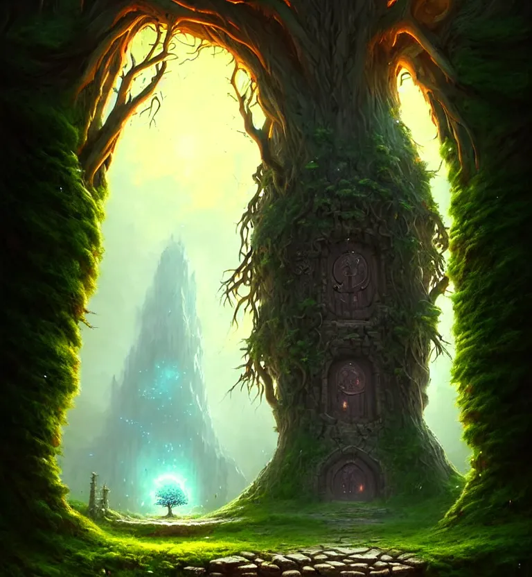 Prompt: a beautiful giant tree growing in the middle of an mysterious giant door carved with symbols, a door is embedded in the tree. godray on plants, fantasy digital art, fantasy style art, fantasy hearthstone art style, fantasy game art by greg rutkowski, darksouls concept art