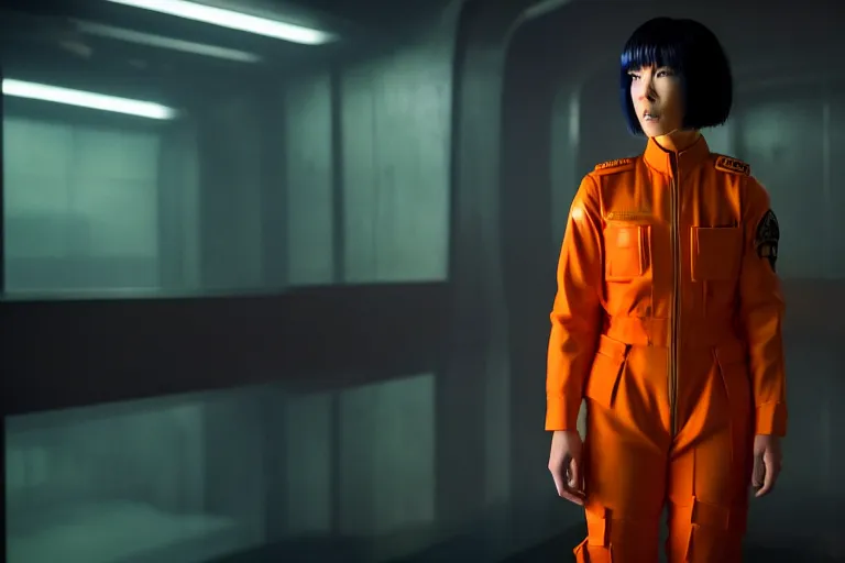 Image similar to major motoko wearing an orange prison jumpsuit, photography by fred palacio medium full shot still from bladerunner 2 0 4 9, sci fi, bladerunner, canon eos r 3, f / 3, iso 2 0 0, 1 / 1 6 0 s, 8 k, raw, unedited