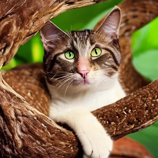 Image similar to cat with a snake body, jungle background