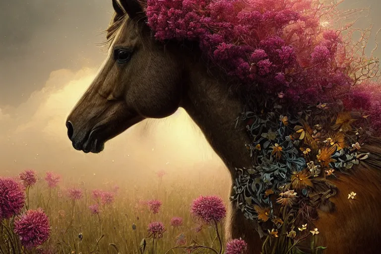 Prompt: a stunning digital painting of a horse made of intricately engraved gnarled wood with a mane of bioluminescent flowers standing in a field of flowers by greg rutkowski, flowercore, volumetric light, digital art, fine detail, photorealistic