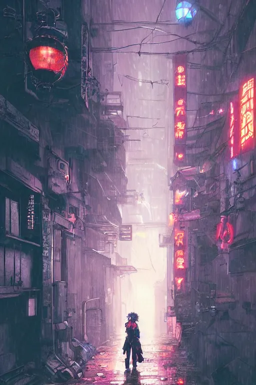 Image similar to a cyberpunk samurai in a raining cobblestone alleyway in tokyo, neon lights, full moon, fog cinematic greg rutkowski anime art jojo's bizarre adventure cowboy bebop