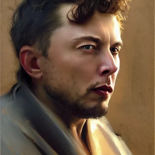 Image similar to detailed realistic cinematic wide shot of beautiful attractive young elon musk with beard tech man wearing black bath robe slim face symettrical face clean skin black eyes black robe smooth, sharp focus, ultra realistic, spring light, painting by gaston bussiere, craig mullins, j. c. leyendecker