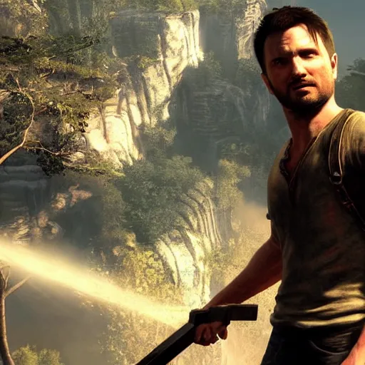 Image similar to aaron paul as nathan drake, photorealistic, cinematic lighting