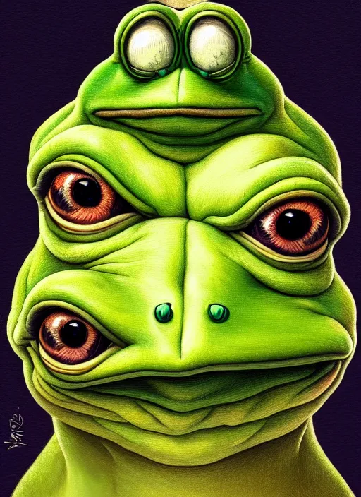 Image similar to depressed pepe the frog as a toad!!!, sad, portrait, intricat, highly detailed, digital painting, artstation, concept art, wallpaper, smooth, sharp focus, illustration, art by matt furie and artgerm and greg rutkowski and alphonse mucha