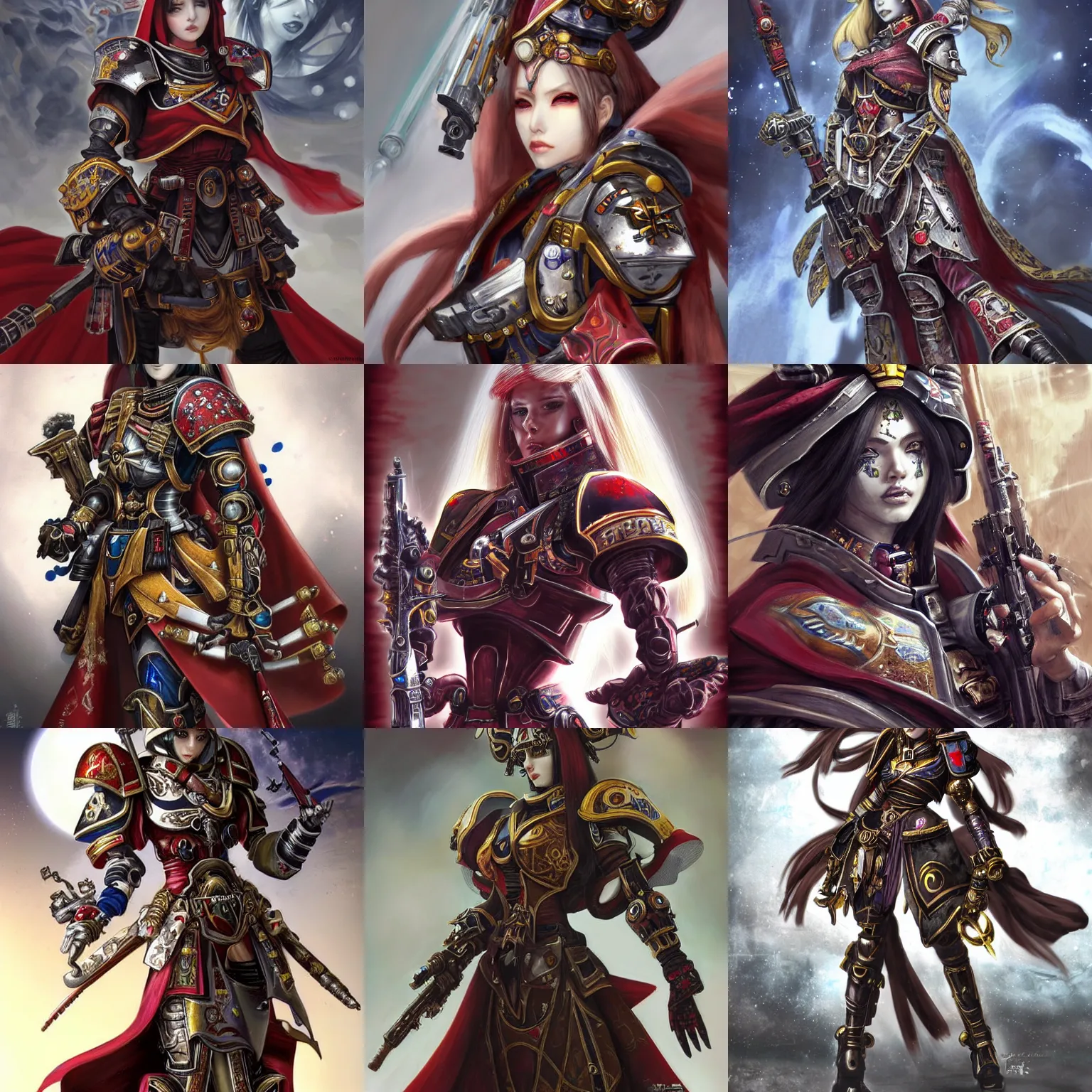 Prompt: a beautiful portrait of a female sororitas battle sister, japanese gheisa details, art by yoshitaka amano and warhammer 4 0 k, trending on artstation, award - winning, perfect composition