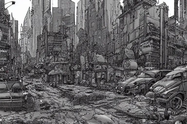 Image similar to a post apocalyptic city street by Moebius