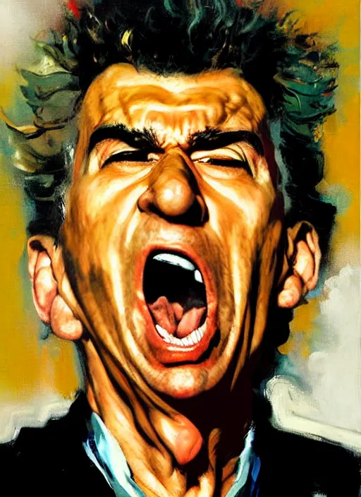 Image similar to 'kramer!! michael richards holding microphone screaming, pointing, enraged, painting by phil hale, 'action lines'!!!, graphic style, visible brushstrokes, motion blur, blurry