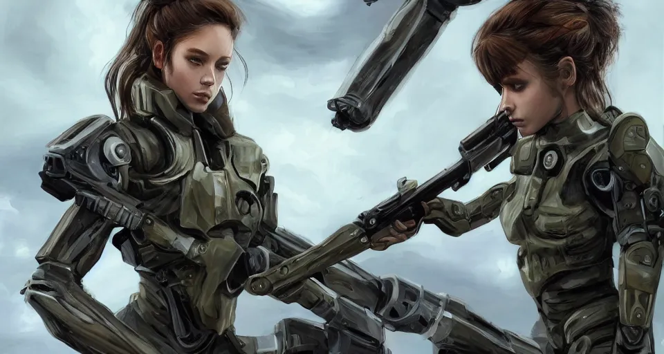 Image similar to a photorealistic painting of an attractive young girl, clothed in stealth-like battle armor, a giant sci-fi sniper rifle, olive skin, long dark hair, beautiful bone structure, symmetrical face, perfect eyes, a futuristic hover-tank in the background, intricate details, elegant, digital painting, illustration, sharp focus, minimal artifacts, from Metal Gear, in the style of Ruan Jia and Mandy Jurgens and Greg Rutkowski, trending on Artstation, award winning, unreal engine, octane render