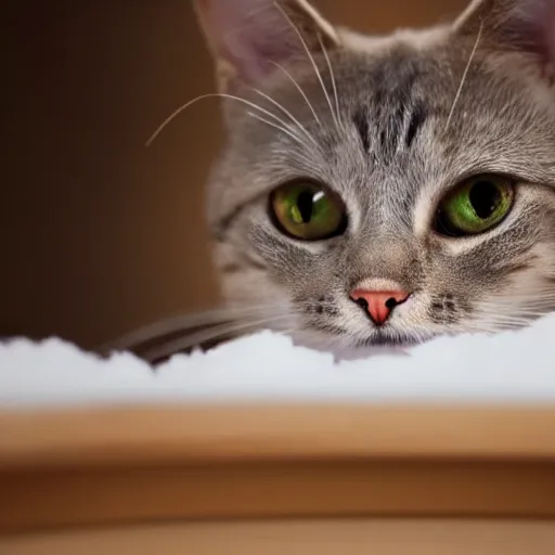 Prompt: cute!!! cat peeking its head out an igloo, 33mm, close up photo