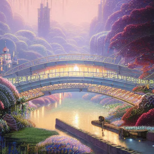 Prompt: valley garden bridge masterpiece by victo ngai, rob gonsalves, benoit mandelbrot, makoto shinkai, thomas kinkade, evgeny lushpin, andreas rocha, arthur adams