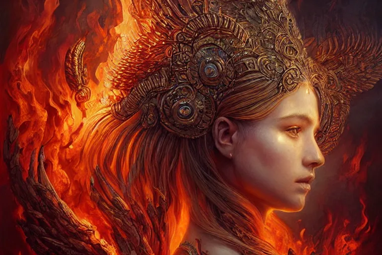 Image similar to Majestic painting of a beautiful young female fire goddess!!, intricate, epic, elegant, menacing, fantasy, highly detailed, digital painting, hard focus, beautiful volumetric lighting, epic light, ultra detailed, souls, smoke, by Leesha Hannigan, Ross Tran, Thierry Doizon, Kai Carpenter, Ignacio Fernández Ríos