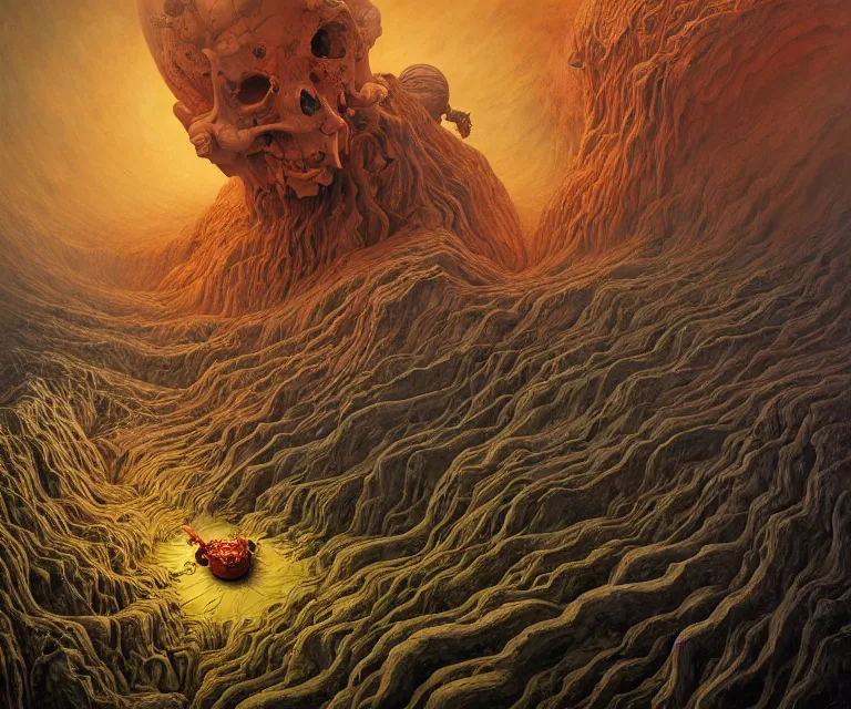 Image similar to hyper detailed 3d render like a Oil painting - god of death hades floating over his hellish landscape, by Jacek Yerka, Mariusz Lewandowski, Houdini algorithmic generative render, Abstract brush strokes, Masterpiece, Edward Hopper and James Gilleard, Zdzislaw Beksinski, Mark Ryden, Wolfgang Lettl, hints of Yayoi Kasuma, octane render, 8k