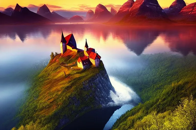 Image similar to Gediminas Pranckevicius amazing landscape photo of mountains of Norway with lake and castle on top of a waterfall with infinite view at sunset by marc adamus beautiful dramatic lighting ,