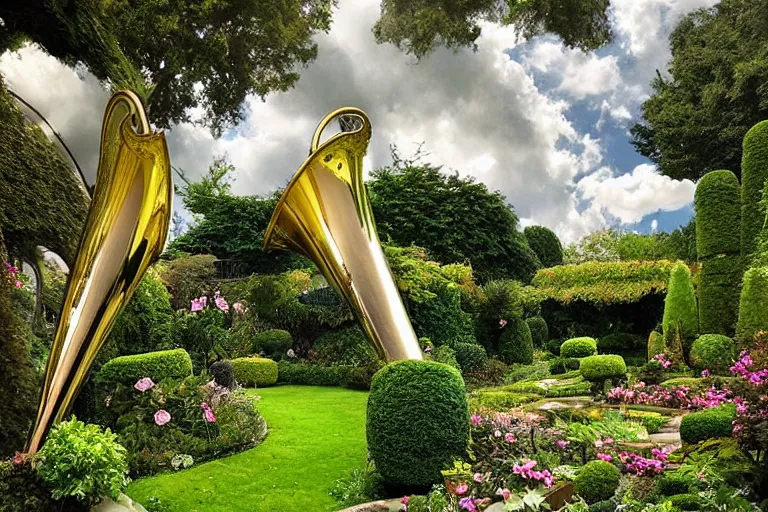 Image similar to a huge flock of many intricate elegant french horn cloud sculptures, art nouveau garden environment, soothing, milky way, award winning art, epic dreamlike fantasy landscape, ultra realistic,