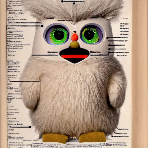 Image similar to anatomical diagram of a furby with labels and captions, medical textbook